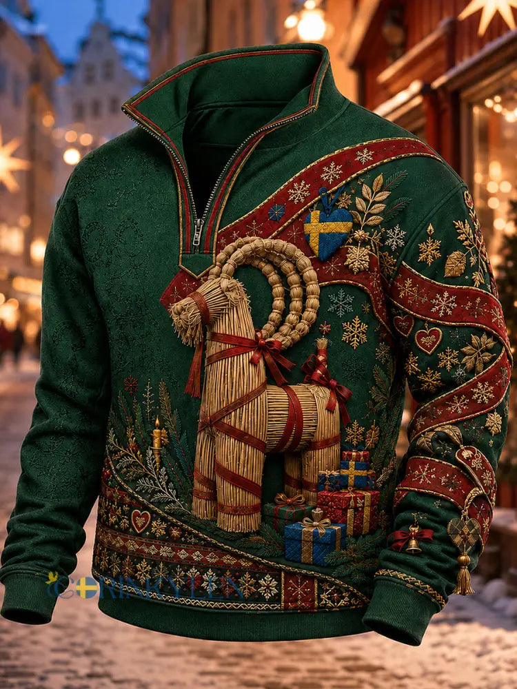 Svensk jultryckt casual sweatshirt med dragkedja för män - mörk gröna / S