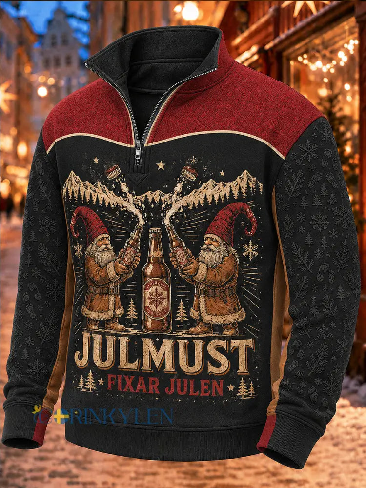 Svensk jultryckt casual sweatshirt med dragkedja för män - svart / S