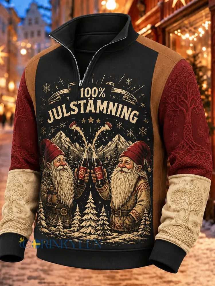 Svensk jultryckt casual sweatshirt med dragkedja för män - svart / S