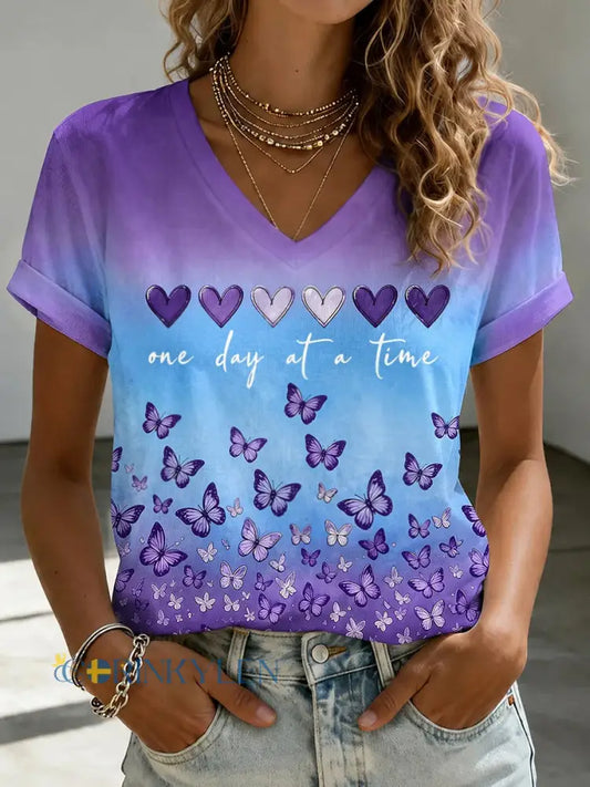 T-shirt med V-ringning och tryck för stöd och medvetenhet om Alzheimers hos kvinnor - mörkt / S