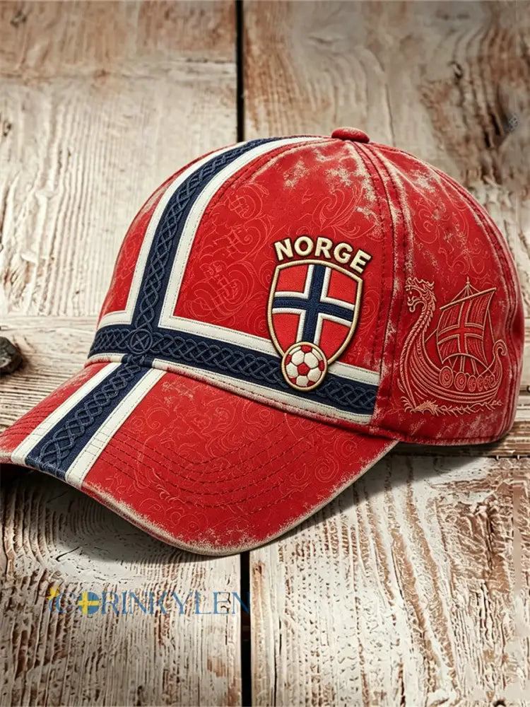 Unisex fotbollshatt från Norge med vikingaskepp keltisk knut och flaggfärgblock - röd / ONE