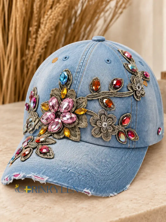 Unisex-hatt med konsttryck av blommor - blå / S
