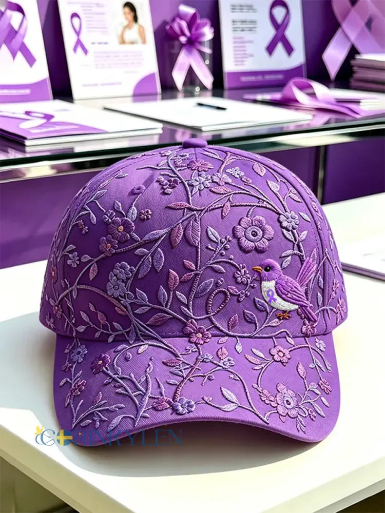 Unisex Purple Floral & Hummingbird Skriv ut Alzheimers medvetenhet Support Hat - mörkt / ONE