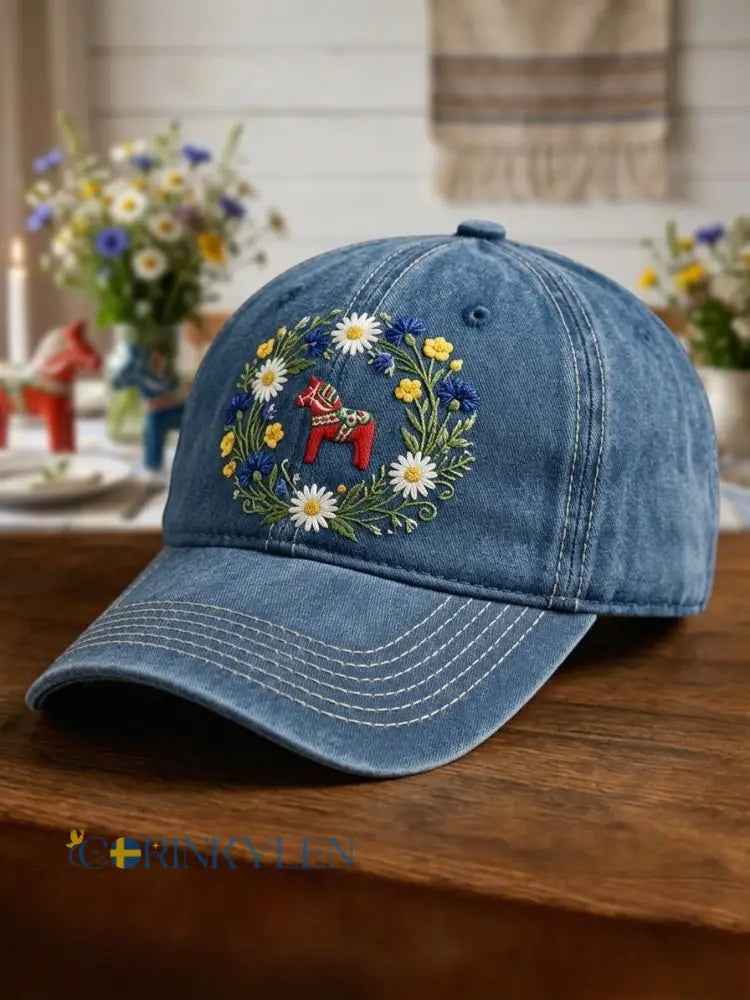 Unisex-svensk midsommarkvällskrans kapp med blommönster och tvättad finish - blå / ONE
