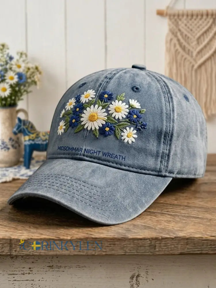 Unisex-svensk midsommarkvällskrans kapp med blommönster och tvättad finish - blå / ONE