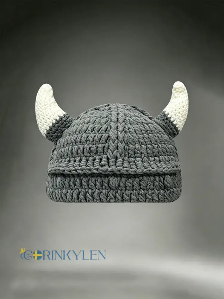 Unisex Vikingkrigare-hjälm med horn inspirerad bekväm virkad mössa - grå / ONE