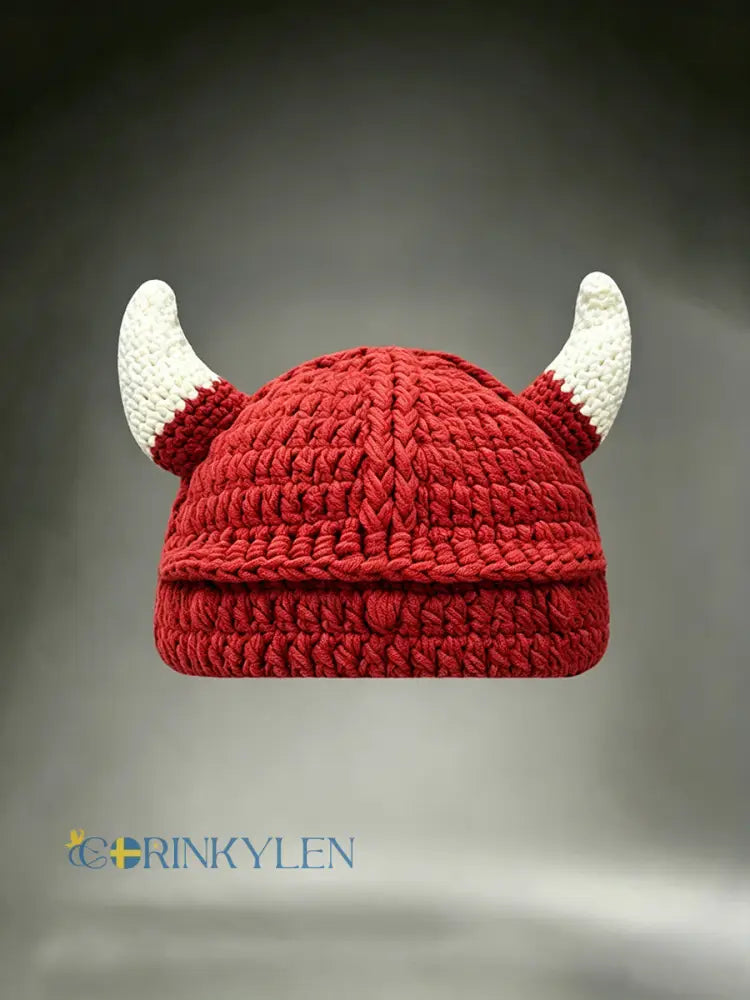 Unisex Vikingkrigare-hjälm med horn inspirerad bekväm virkad mössa - röd / ONE