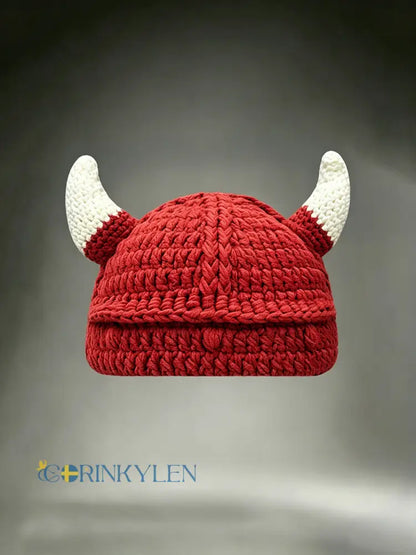 Unisex Vikingkrigare-hjälm med horn inspirerad bekväm virkad mössa - röd / ONE