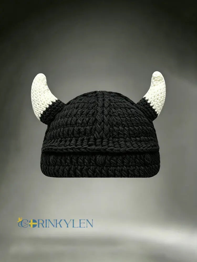 Unisex Vikingkrigare-hjälm med horn inspirerad bekväm virkad mössa - svart / ONE