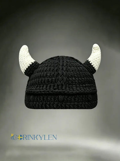Unisex Vikingkrigare-hjälm med horn inspirerad bekväm virkad mössa - svart / ONE