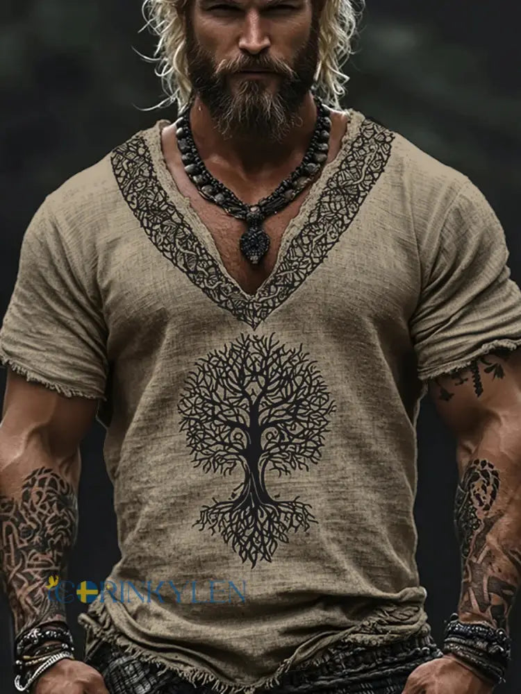 Viking bomull och linne T-shirt - Khaki / S