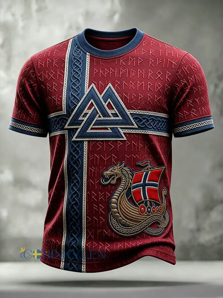 Viking Valknut Keltisk konst Norge Flagg Korta ärmar t-shirt - djupt vin / S