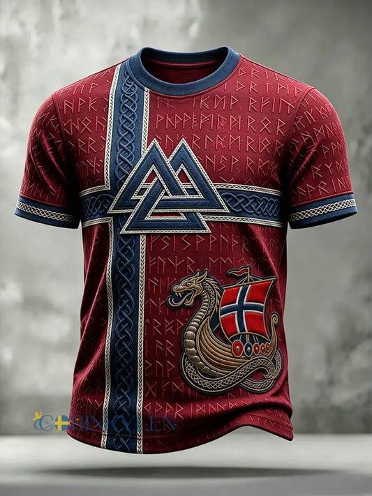 Viking Valknut Keltisk konst Norge Flagg Korta ärmar t-shirt - djupt vin / S