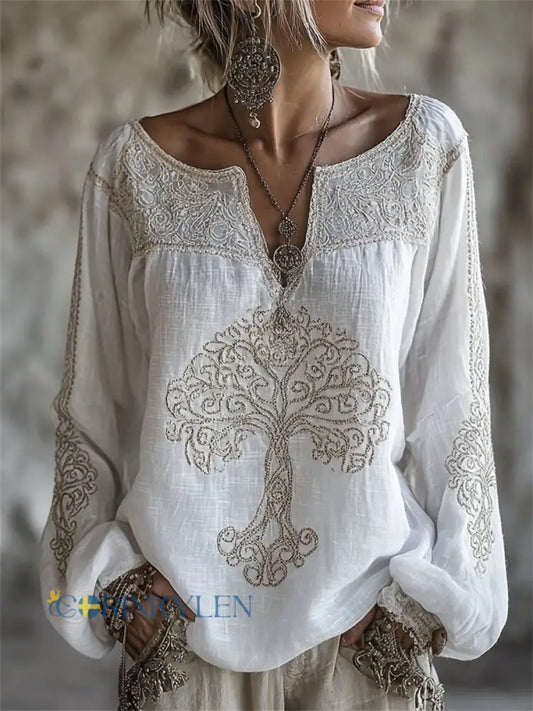 Vintage-damblus med Livets träd-tryck notch-hals och i bomull-linne - vitt / S