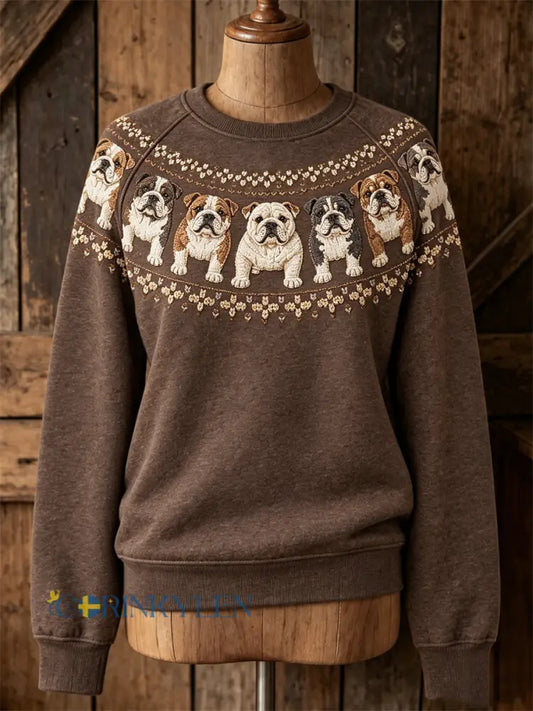 Vintage-damtröja med bulldoggmönster och ismotiv raglanärmar - mörk brun / S
