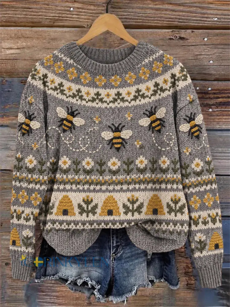 Vintage damtröja med flygande bin och vackra blommor i ett färgglatt mönster rund halslinning - grå / S