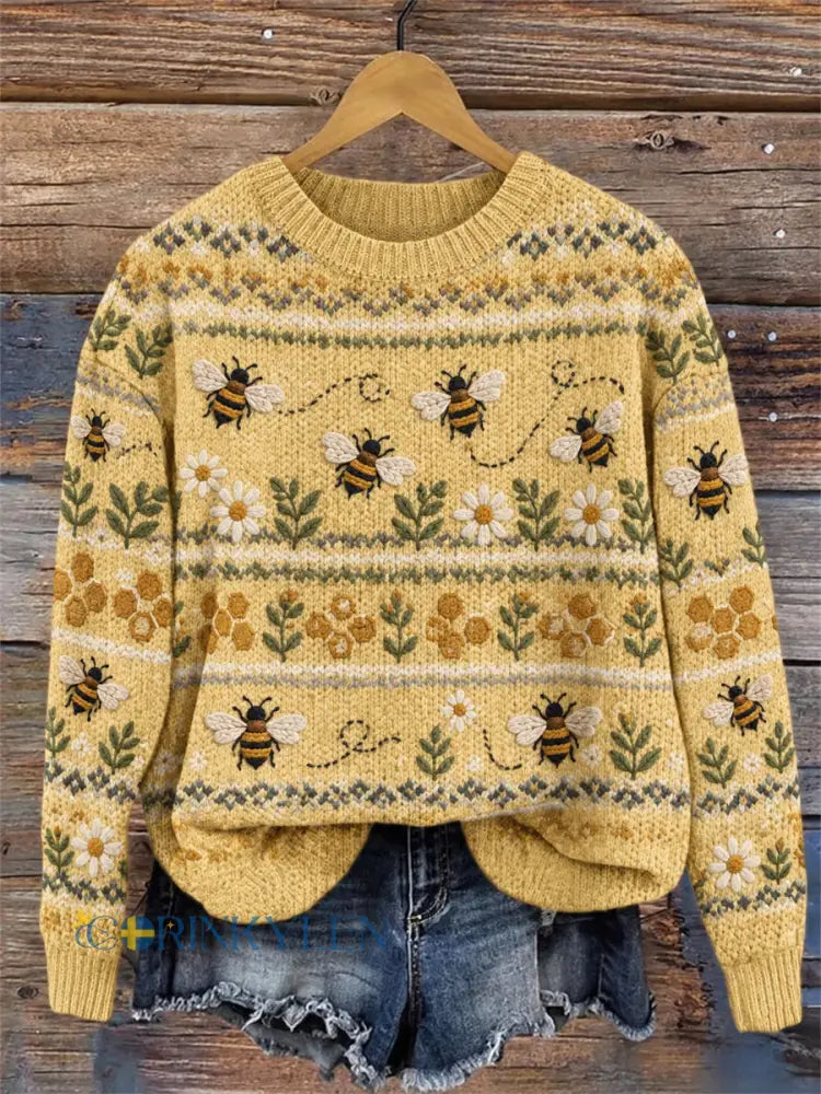Vintage damtröja med flygande bin vallmoblommor och ömönster samt rund hals - gul / S