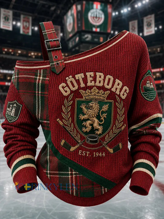 Vintage Göteborg Hockey-printad avslappnad axellös tröja för kvinnor - A / S