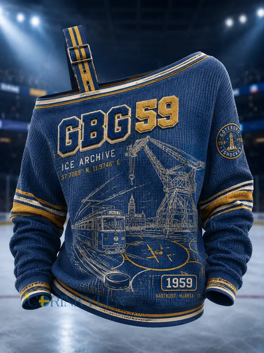 Vintage Göteborg Hockey-printad avslappnad axellös tröja för kvinnor - A / S