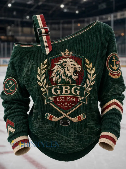 Vintage Göteborg Hockey-printad avslappnad axellös tröja för kvinnor - A / S