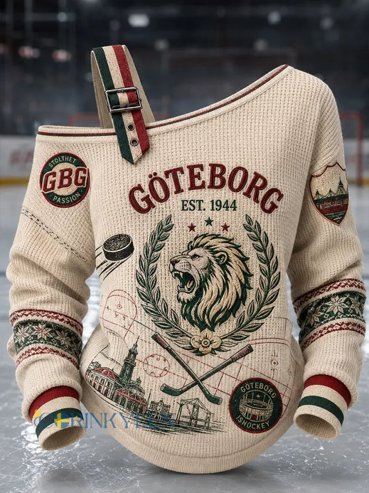Vintage Göteborg Hockey-printad avslappnad axellös tröja för kvinnor - A / S
