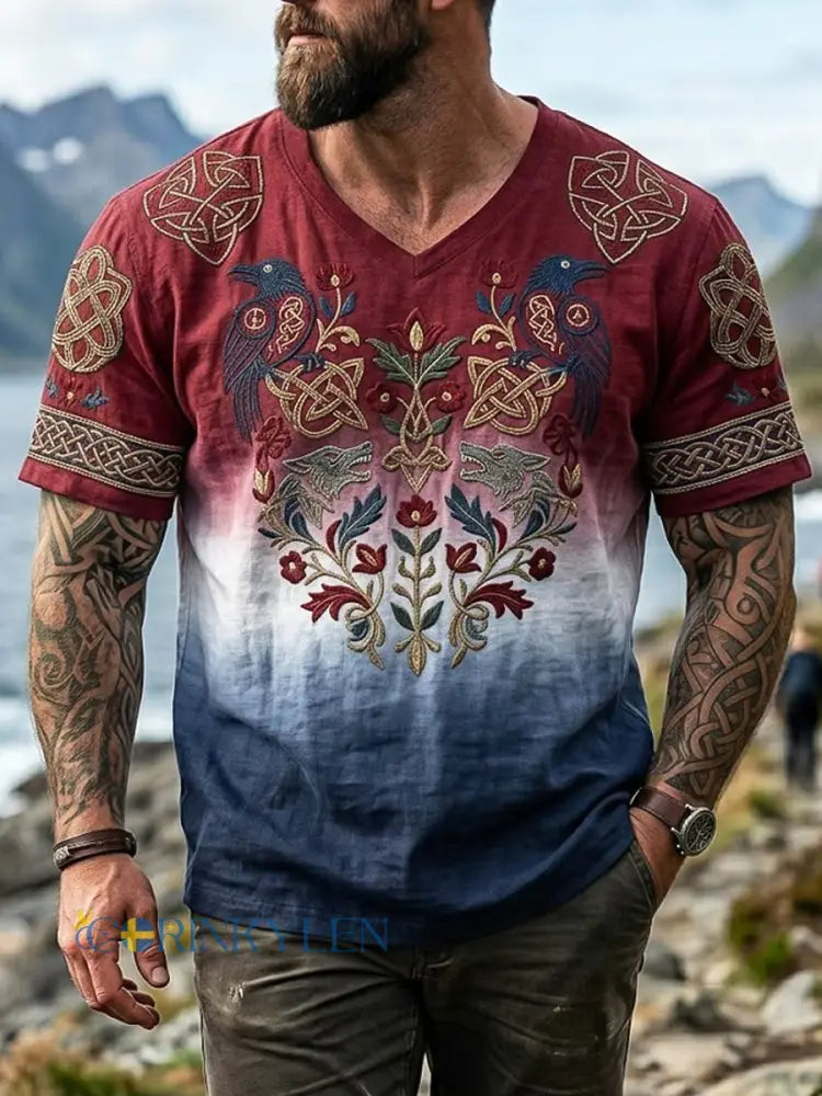 Vintage Gradient Animal Print Casual V-Hack T-shirt - som bild / S