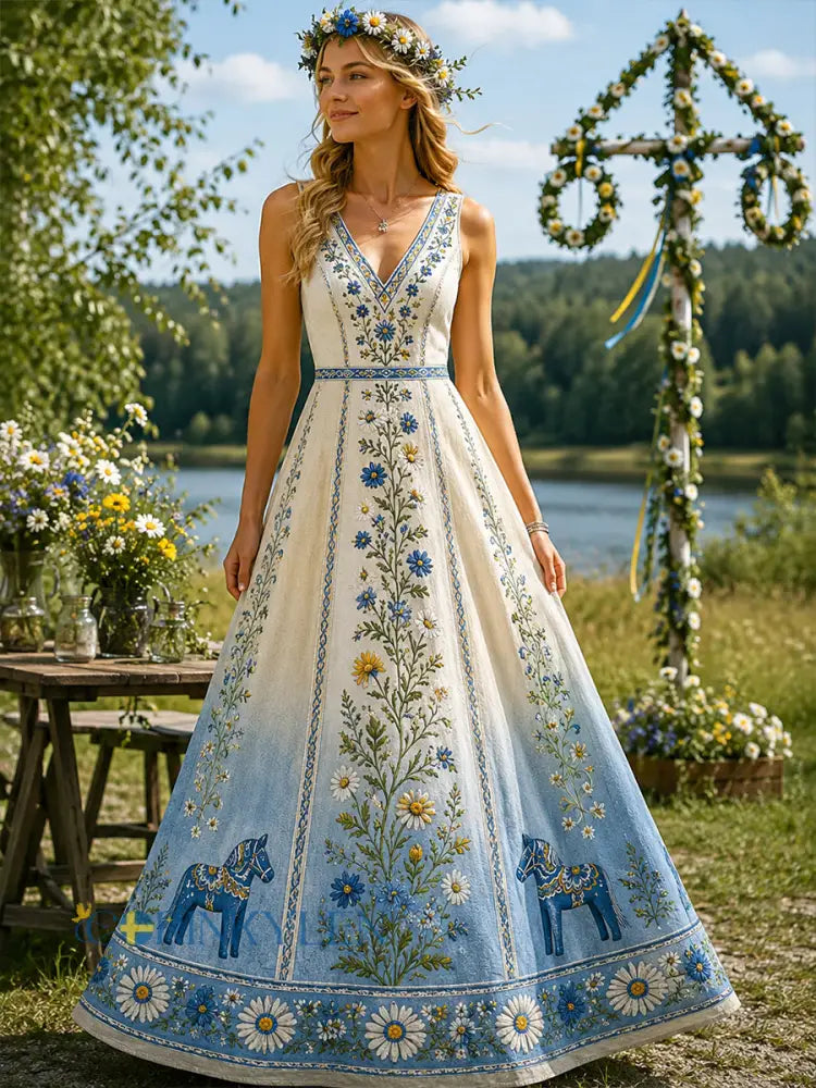 Vintage svensk blommig dalahästkonsttryck avslappnad klänning - A / S