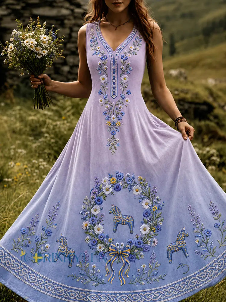 Vintage svensk blommig dalahästkonsttryck avslappnad klänning - A / S