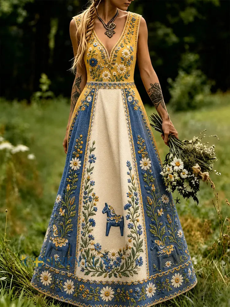 Vintage svensk blommig dalahästkonsttryck avslappnad klänning - A / S