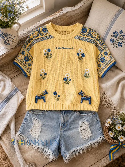 Vintage svensk blommig dalahästtryckt vardagsklänning - A / S