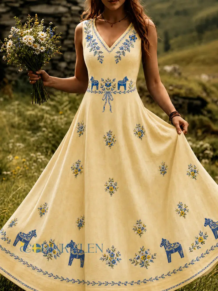 Vintage svensk blommig dalahästtryckt vardagsklänning - A / S