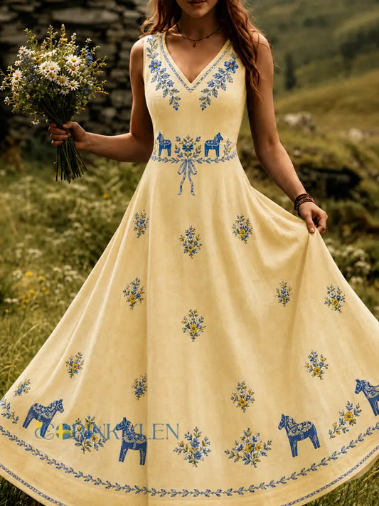 Vintage svensk blommig dalahästtryckt vardagsklänning - A / S