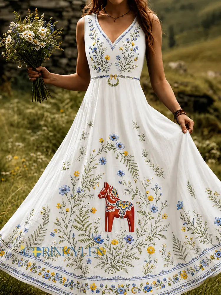 Vintage svensk blommig dalahästtryckt vardagsklänning - A / S