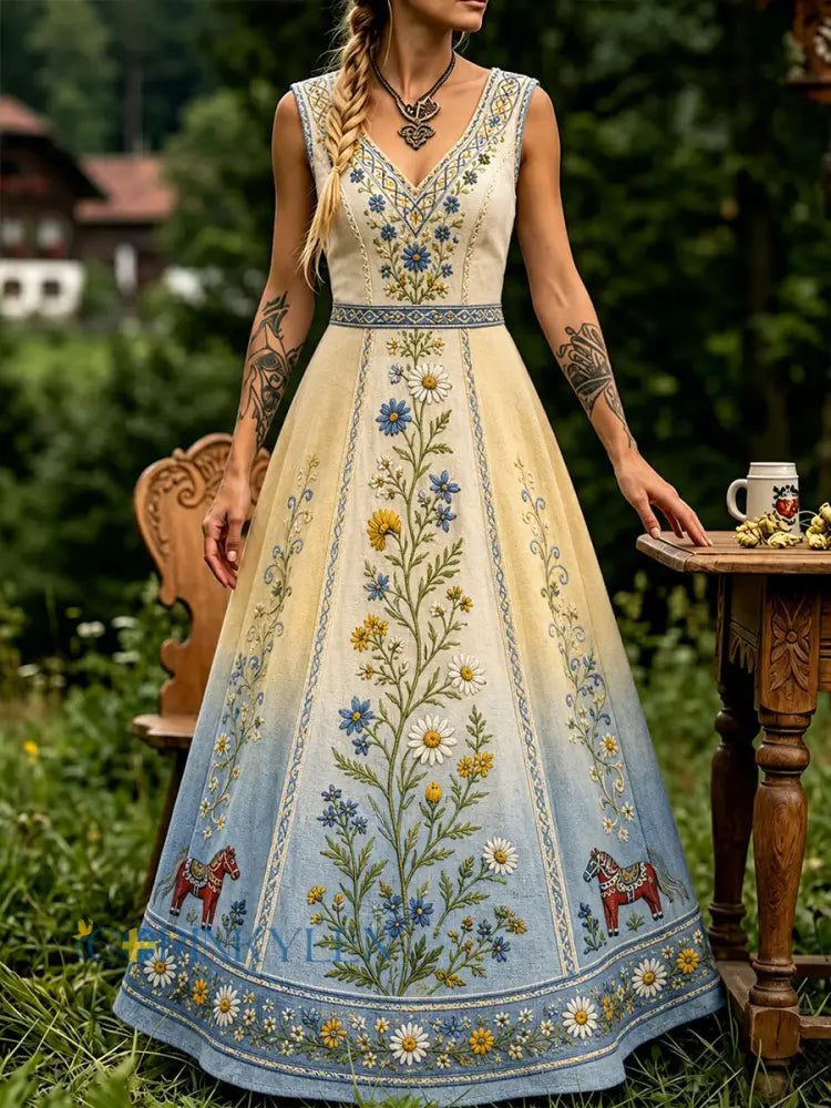 Vintage svensk blommig dalahästtryckt vardagsklänning - A / S