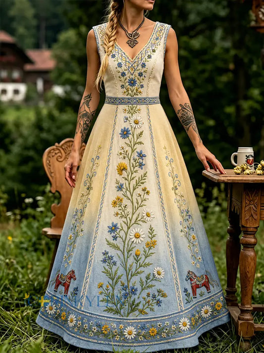 Vintage svensk blommig dalahästtryckt vardagsklänning - A / S