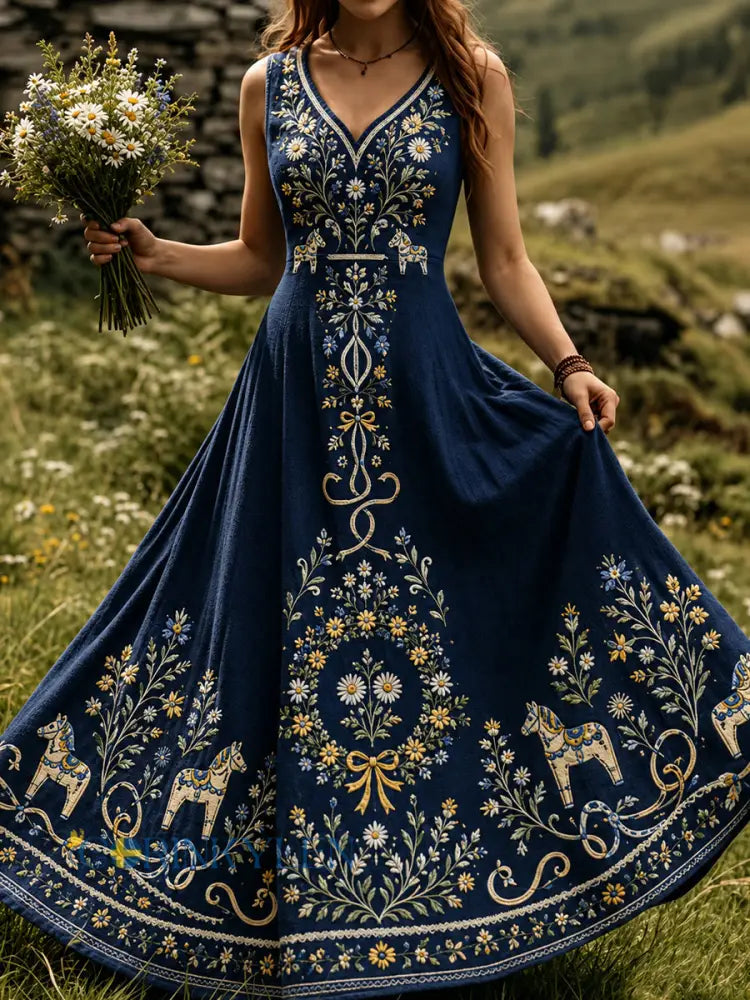 Vintage svensk blommig dalahästtryckt vardagsklänning - A / S