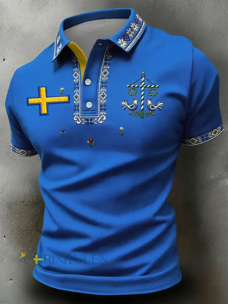 Vintage svensk midsommarblommig avslappnad polotröja - blå / S