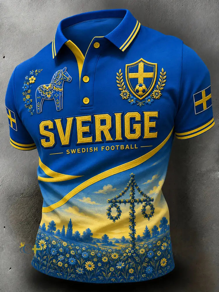 Vintage-tryckt polo med fotbollstema för svenska fans – avslappnad stil för män - A / S
