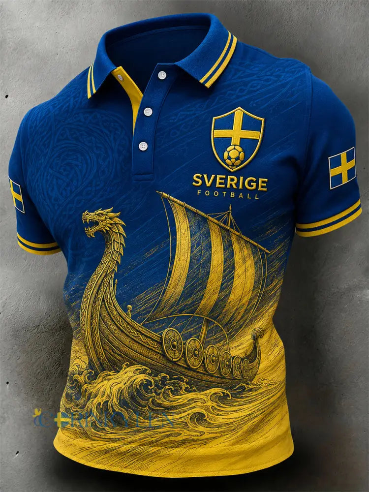 Vintage-tryckt polo med fotbollstema för svenska fans – avslappnad stil för män - A / S
