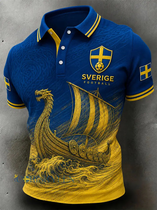 Vintage-tryckt polo med fotbollstema för svenska fans – avslappnad stil för män - A / S
