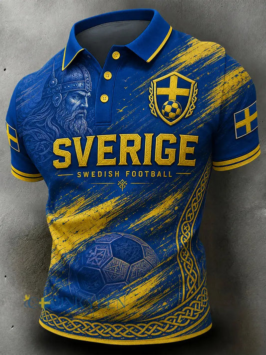 Vintage-tryckt polo med fotbollstema för svenska fans – avslappnad stil för män - A / S