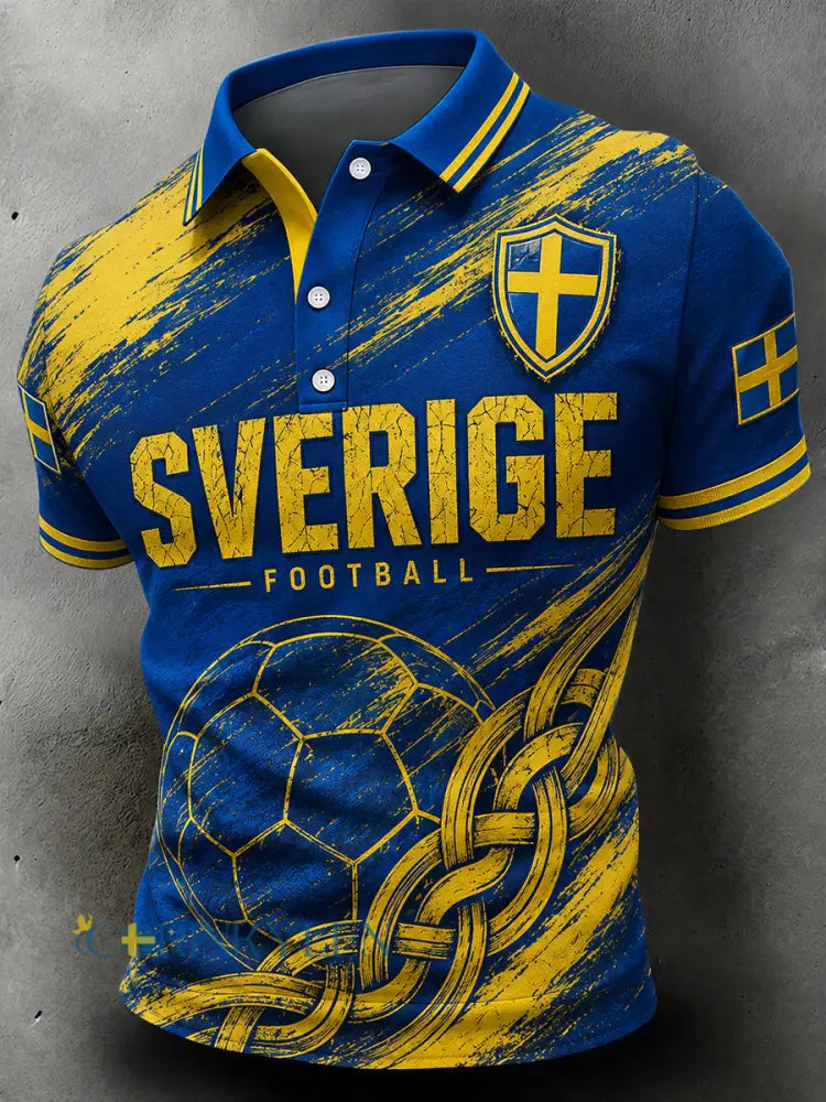 Vintage-tryckt polo med fotbollstema för svenska fans – avslappnad stil för män - A / S