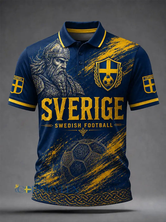 Vintage-tryckt polo med fotbollstema för svenska fans – avslappnad stil för män - A / S