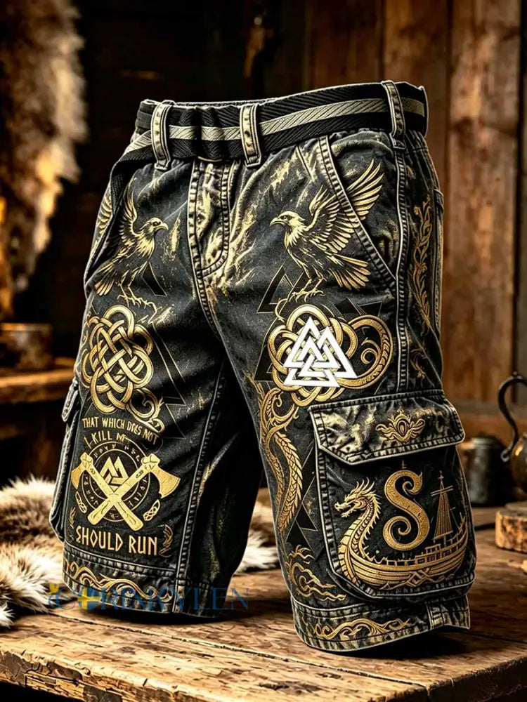 Vintage-vikingart-printshorts för män - som bild / S
