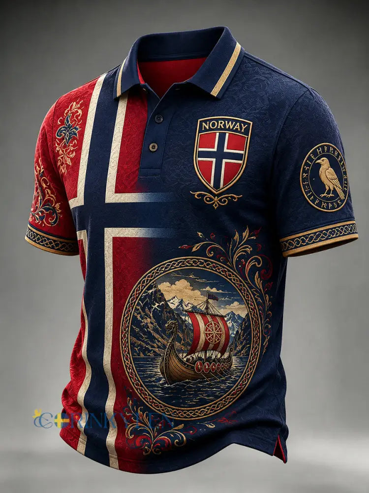 Vintageliknande norsk viking- skandinavisk- och nordisk konsttryck avslappnad pikétröja - A / S