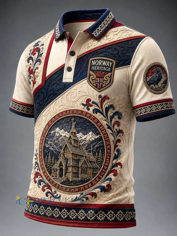 Vintageliknande norsk viking- skandinavisk- och nordisk konsttryck avslappnad pikétröja - A / S