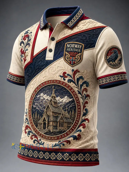 Vintageliknande norsk viking- skandinavisk- och nordisk konsttryck avslappnad pikétröja - A / S