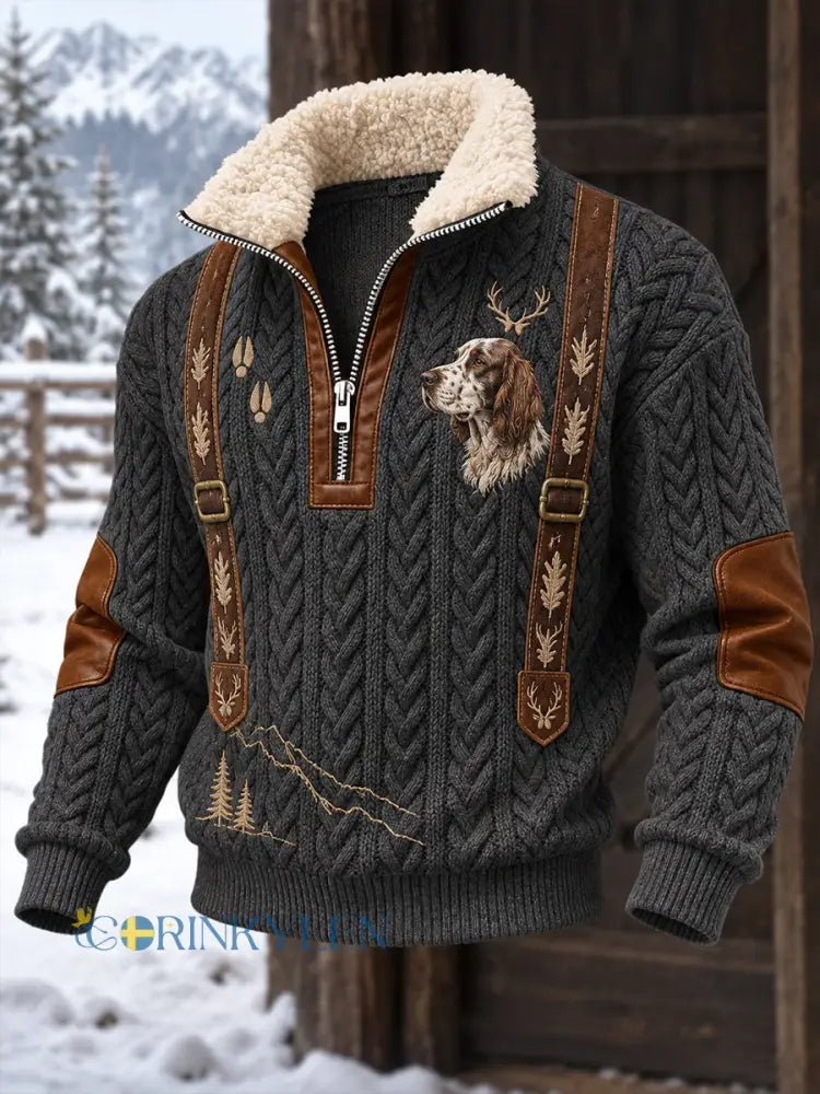 Vintagevetskstil herrjacka med jaktmotiv avslappnad modell med ståkrage och krage i konstgjort päls - A / S