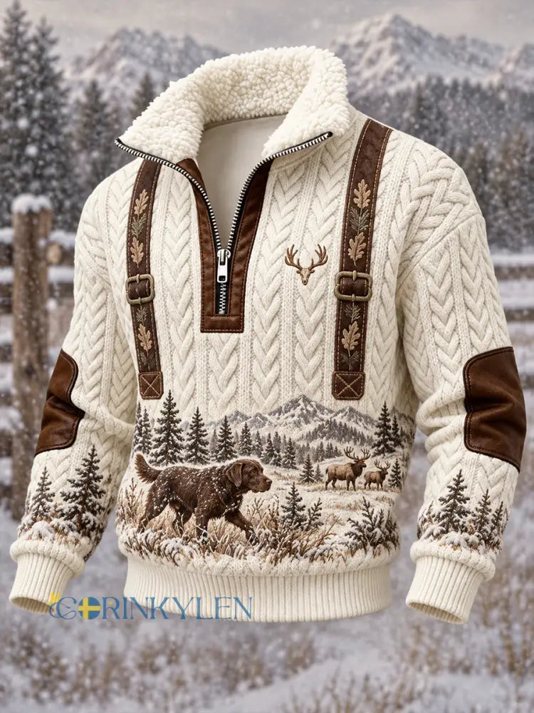Vintagevetskstil herrjacka med jaktmotiv avslappnad modell med ståkrage och krage i konstgjort päls - A / S