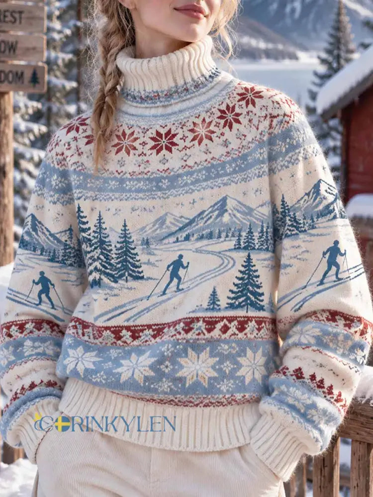 Vintagevintertröja för kvinnor med skidmönster - som bild / S